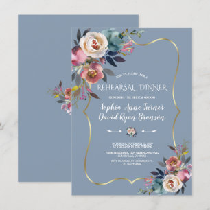 Charm Dusty Blue Pink Floral Gold Rehearsal Dinner Invitation