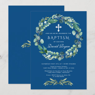 Charm Eucalyptus Foliage Classic Blue Boy Baptism Invitation