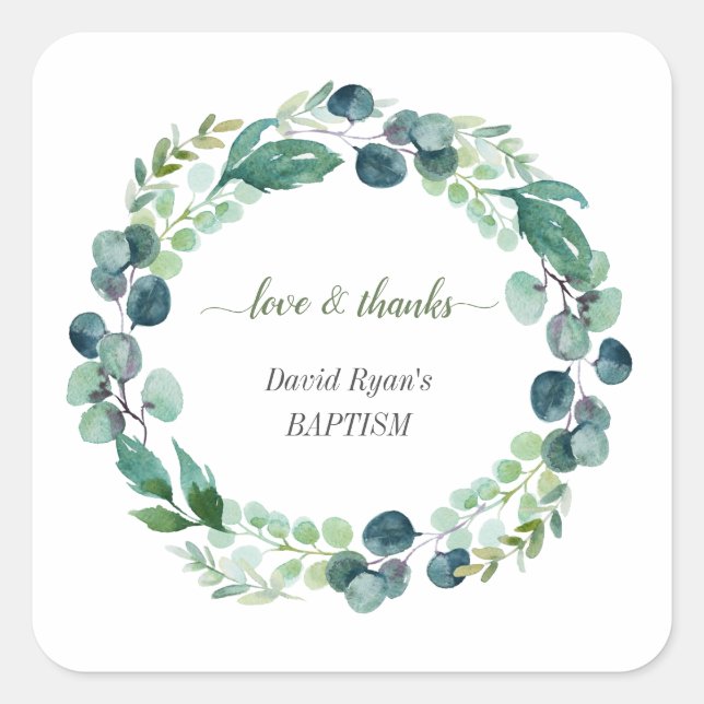 Charm Eucalyptus Foliage Wreath Boy Baptism  Square Sticker (Front)