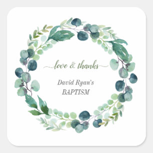 Charm Eucalyptus Foliage Wreath Boy Baptism  Square Sticker