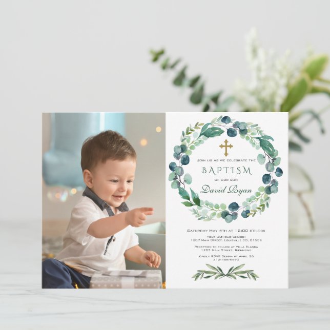 Charm Eucalyptus Foliage Wreath Boy Photo Baptism Invitation (Standing Front)