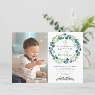 Charm Eucalyptus Foliage Wreath Boy Photo Baptism Invitation