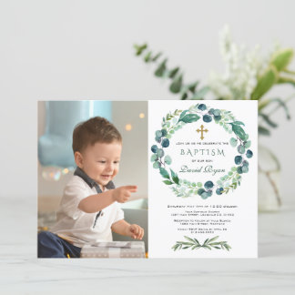 Charm Eucalyptus Foliage Wreath Boy Photo Baptism Invitation