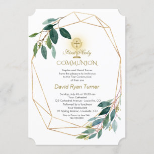 Charm Eucalyptus Leaves Gold Frame Holy Communion Invitation