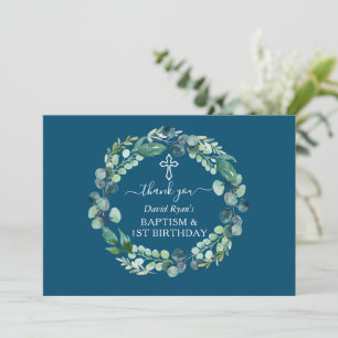 Charm Eucalyptus Wreath Boy Baptism First Birthday Thank You Card