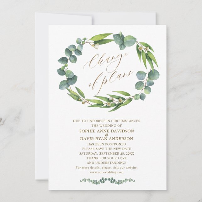 Charm Eucalyptus Wreath Wedding Change Of Plans Invitation (Front)