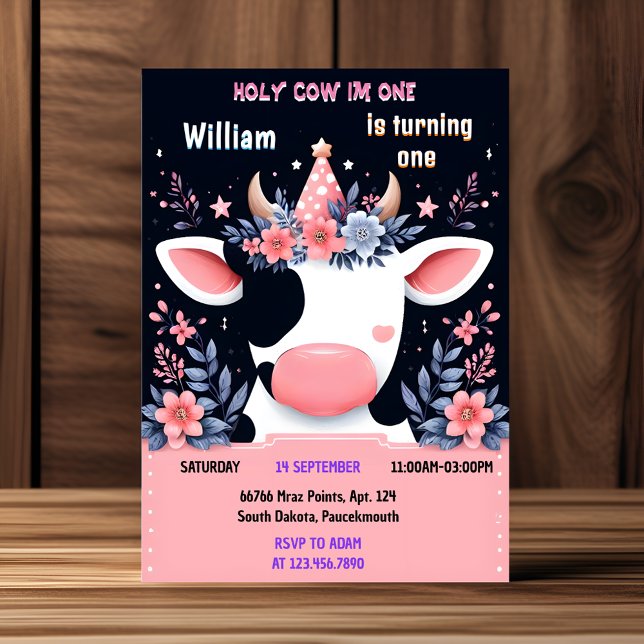 Charm Farm Cute Floral Pink Holy Cow 1st Birthday Invitation (Creator Uploaded)