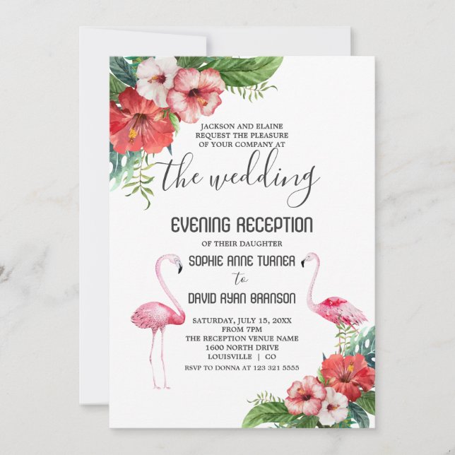 Charm Flamingo Floral Wedding Evening Reception Invitation (Front)