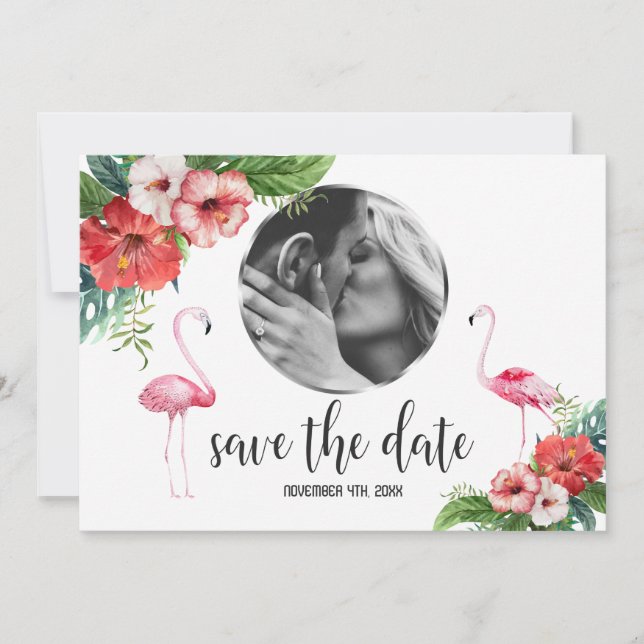 Charm Flamingo Tropical Floral Photo Save The Date (Front)