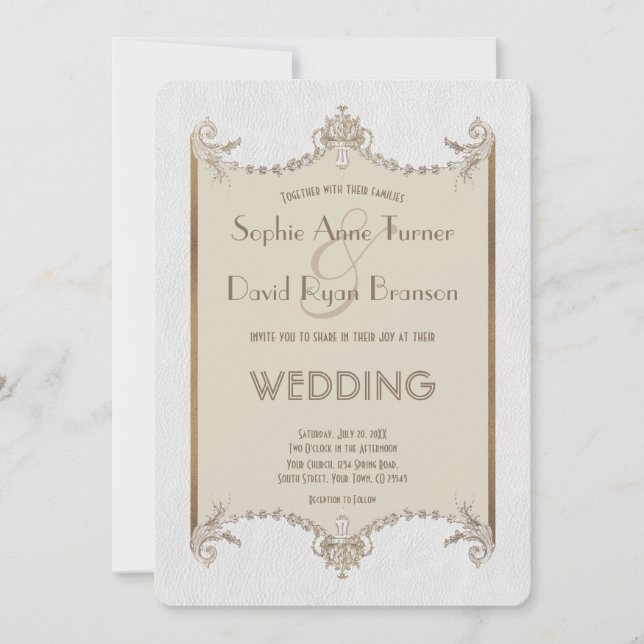 Charm Flourish Art Deco 20s White Leather Wedding Invitation (Front)