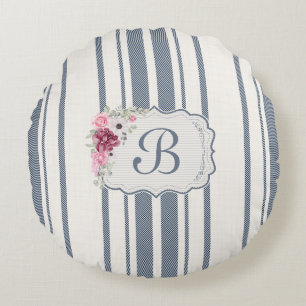 Charm French Farmhouse Blue and white Striped Round Cushion