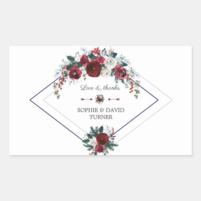 Charm Geometric Burgundy Floral Pine Navy Wedding Rectangular Sticker (Front)