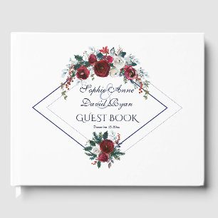 Charm Geometric Burgundy Navy Blue Floral Wedding Guest Book
