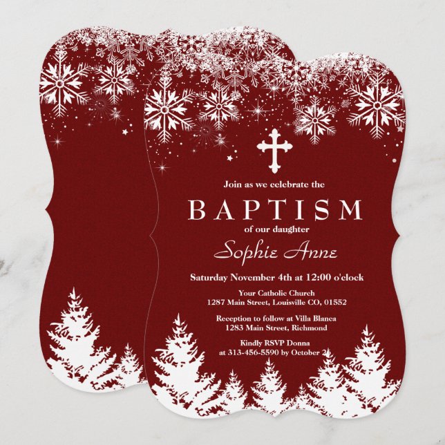 Charm Girl Winter Snowflakes Red Glitter Baptism Invitation (Front/Back)