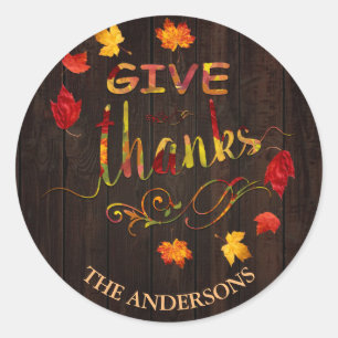 Charm Give Thanks Wood Thanksgiving Monogram Classic Round Sticker