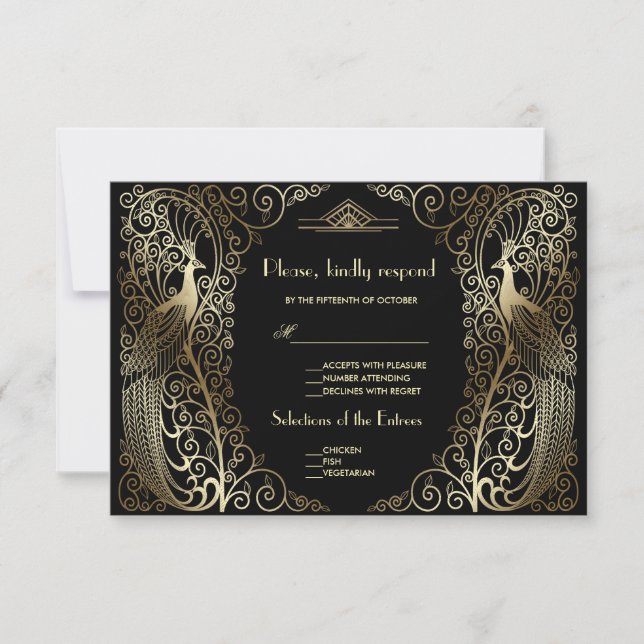 Charm Gold Art Deco Peacocks Wedding RSVP (Front)