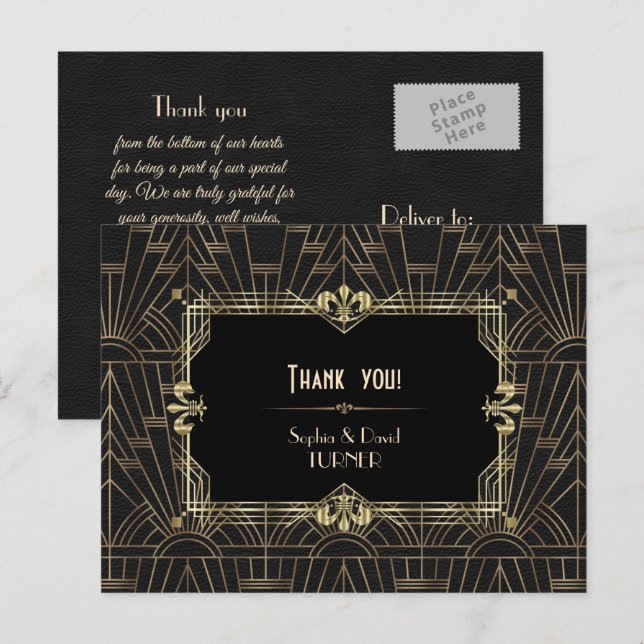 Charm Gold Black Great Gatsby Wedding Thank You Postcard (Front/Back)