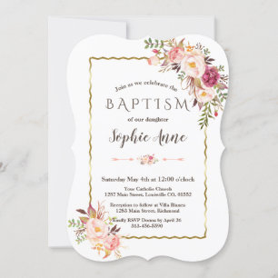 Charm Gold Blush Pink Floral Baptism Invite