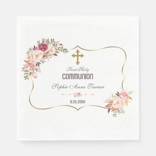 Charm Gold Blush Pink Floral Holy Communion Napkin (Front)