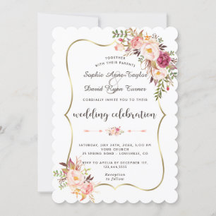 Charm Gold Blush Pink Floral Wedding Invitation