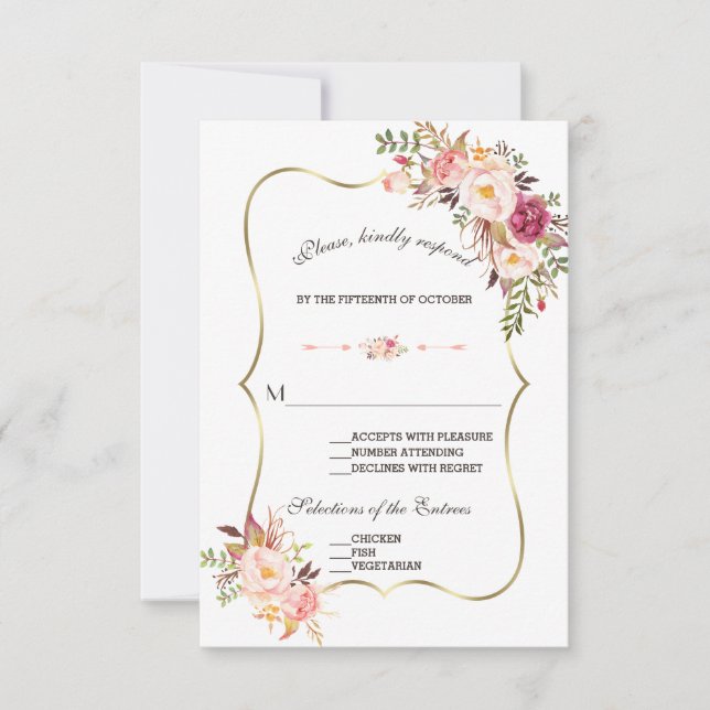 Charm Gold Blush Pink Floral Wedding RSVP (Front)
