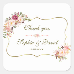Charm Gold Blush Pink Floral Wedding Square Sticker