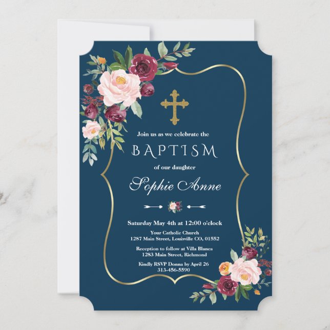 Charm Gold Burgundy Blush Floral Navy Blue Baptism Invitation (Front)