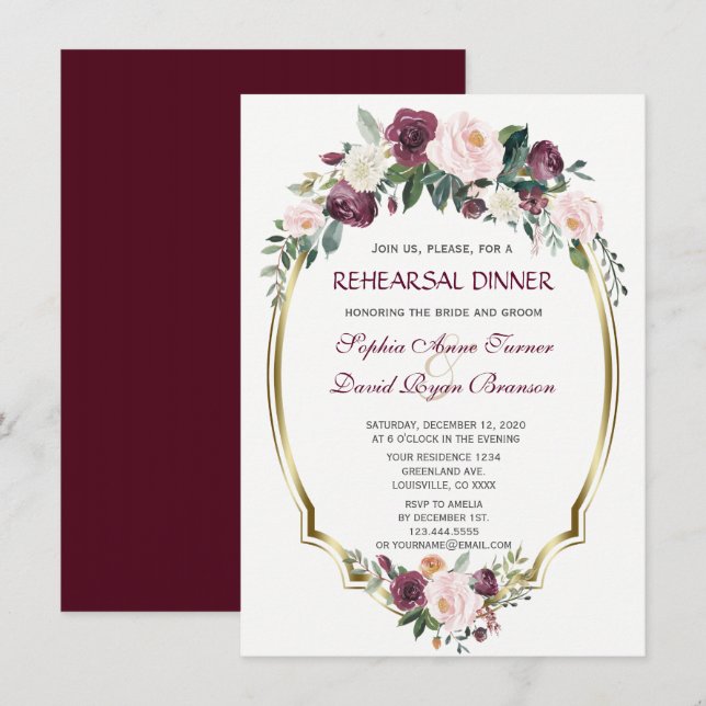 Charm Gold Burgundy Blush Floral Rehearsal Dinner Invitation (Front/Back)