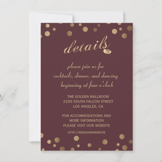 Charm Gold Confetti Burgundy Wedding Details Invitation (Front)