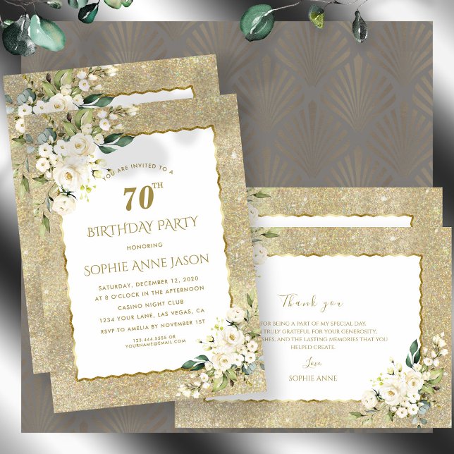 Charm Gold Glitter White Flowers 70th Birthday  Invitation (Creator Uploaded)