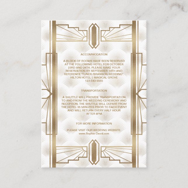 Charm Gold Great Gatsby Art Deco Wedding Details Enclosure Card (Front)
