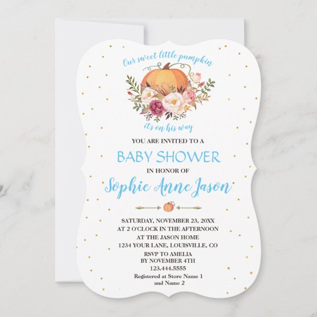 Charm Gold Little Pumpkin Blush Floral Baby Shower Invitation (Front)