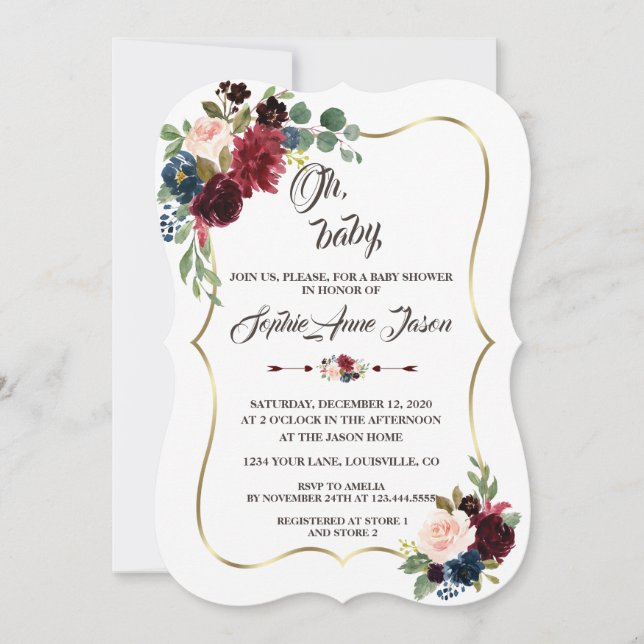 Charm Gold Merlot Navy Blue Floral Baby Shower Invitation (Front)