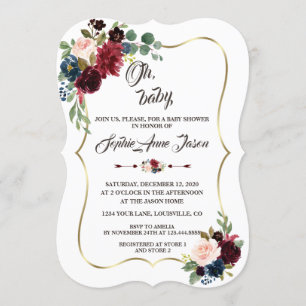 Charm Gold Merlot Navy Blue Floral Baby Shower Invitation