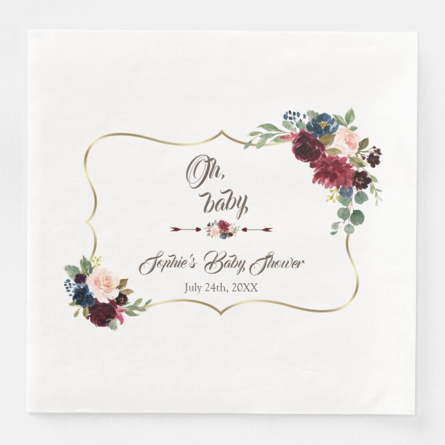Charm Gold Merlot Navy Blue Floral Baby Shower Napkin (Front)