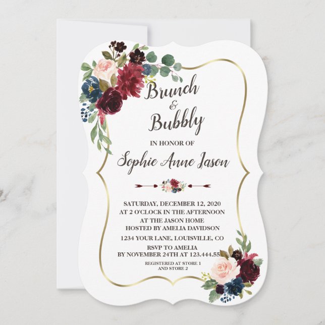 Charm Gold Merlot Navy Blue Floral Bridal Shower Invitation (Front)