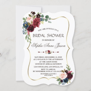 Charm Gold Merlot Navy Blue Floral Bridal Shower Invitation