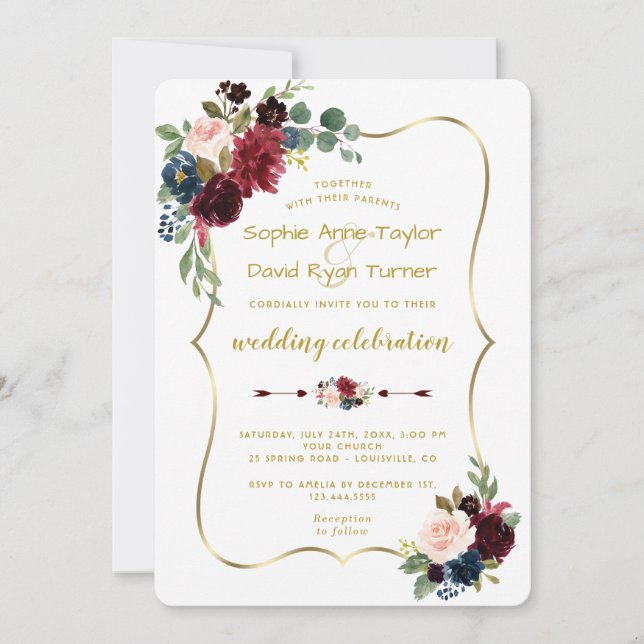 Charm Gold Merlot Navy Blue Floral Wedding Invitation (Front)