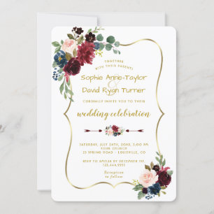 Charm Gold Merlot Navy Blue Floral Wedding Invitation