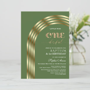 Charm Gold Sap Green Girl First Birthday & Baptism Invitation