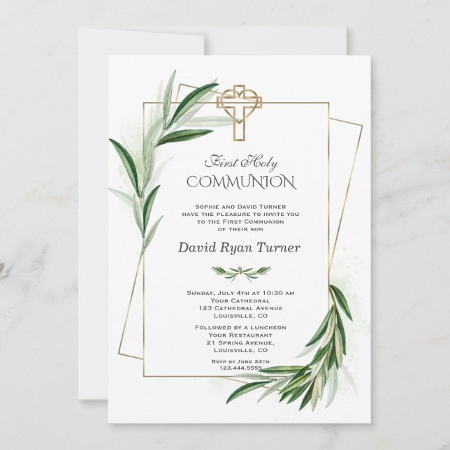 Charm Green Olive Leaves Gold First Holy Communion Invitation (Front)