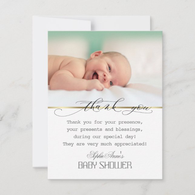 Charm Greenery Frame Gold Photo Baby Shower Thank You Card (Front)