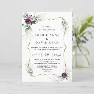 Charm Greenery Purple Pink Floral Gold Wedding  Invitation