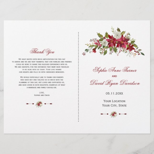 Charm Holiday Red Poinsettia Wedding Program (Front)
