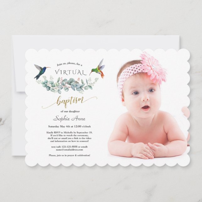 Charm Hummingbird Floral Photo Girl Online Baptism Invitation (Front)