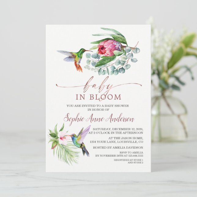Charm Hummingbird Tropical Flowers Baby in Bloom Invitation (Standing Front)
