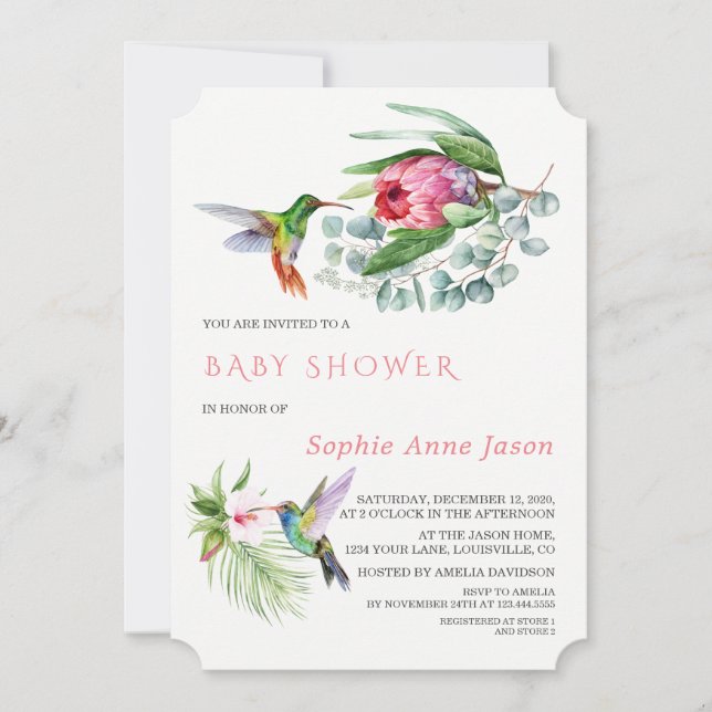Charm Hummingbird Tropical Flowers Baby Shower Invitation (Front)