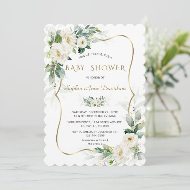 Charm Ivory White Flowers Gold Frame Baby Shower  Invitation (Standing Front)