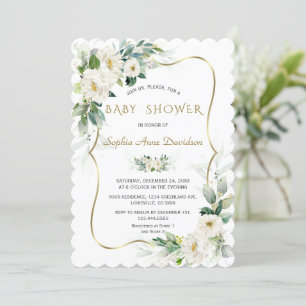 Charm Ivory White Flowers Gold Frame Baby Shower  Invitation