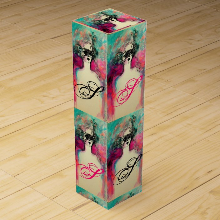 CHARM /Lady With Mask Monogram Pink Teal Green Wine Gift Box | Zazzle.co.uk